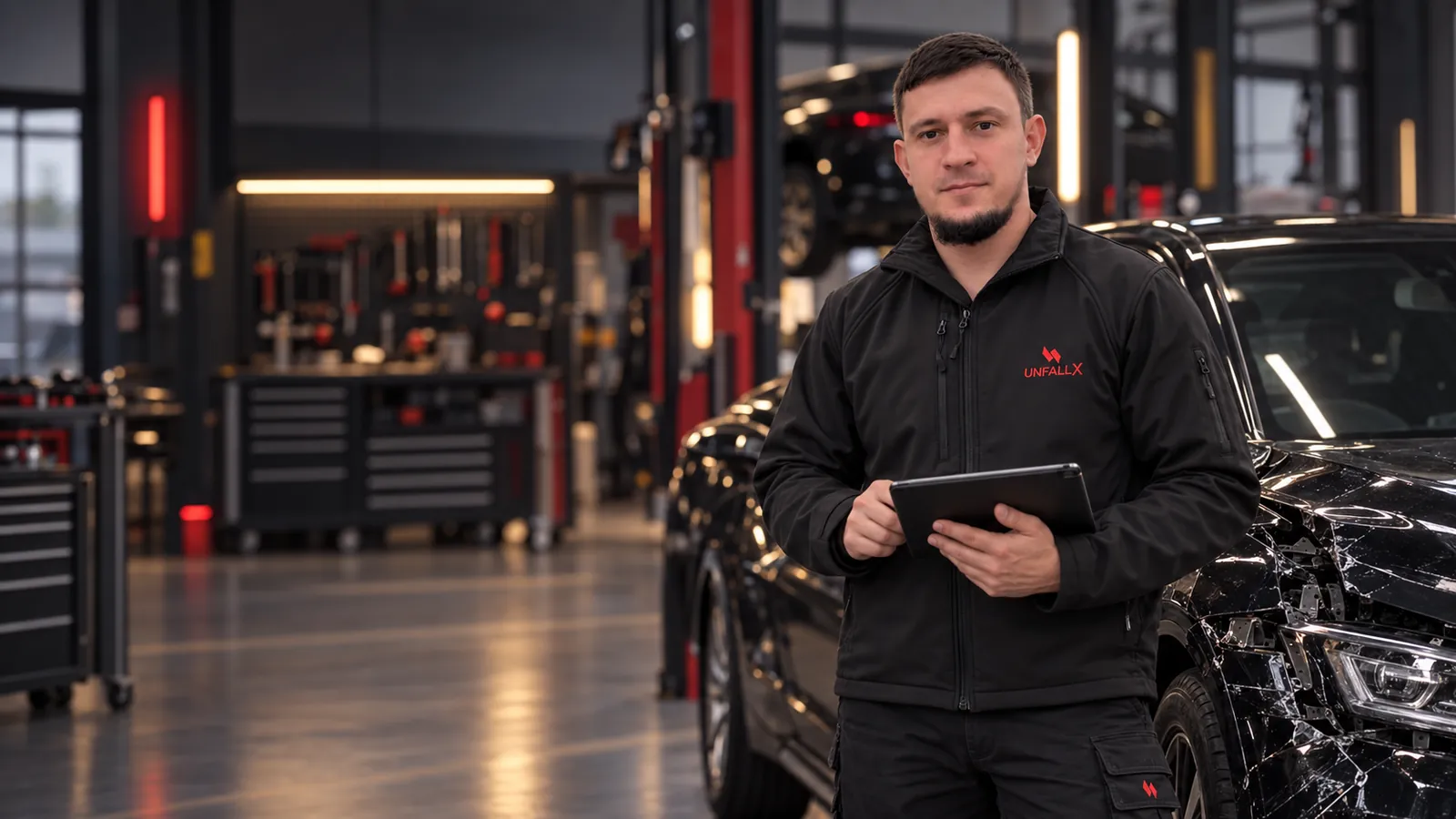 Selimchan Kasumov mit Tablet bei der Fahrzeugbegutachtung – KI-Szene